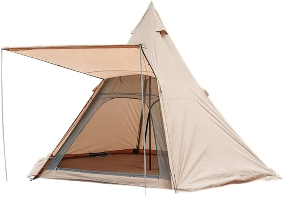 Adult Indian Teepee Tent, Pyramid Tent Double Layer Waterproof 5-8 Person Camping Tent for Camping, Backpacking, Thru-Hiking and Kayaking or Canoeing, 450X390X300CM, Khaki