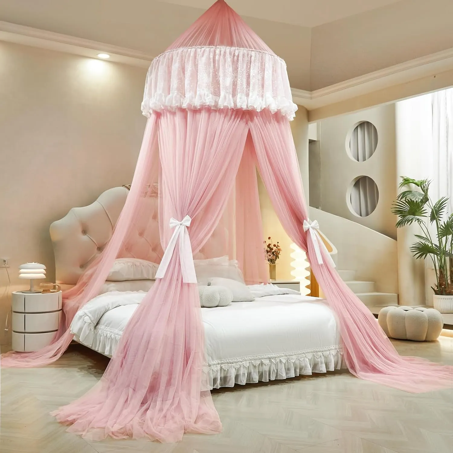 AIKASY Princess Bed Canopy for Girls – Double Layer Sheer Mesh Dome with Romantic Lace Trim, Dreamy Mosquito Net Tent for Twin/Full/Queen/King Beds(Coral)