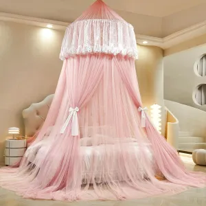 AIKASY Princess Bed Canopy for Girls – Double Layer Sheer Mesh Dome with Romantic Lace Trim, Dreamy Mosquito Net Tent for Twin/Full/Queen/King Beds(Coral)