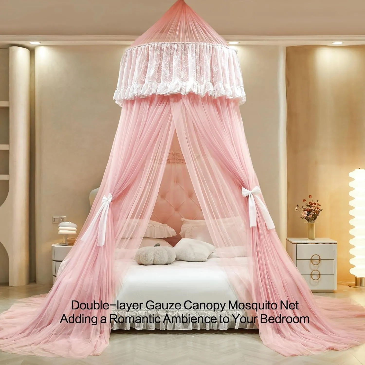 AIKASY Princess Bed Canopy for Girls – Double Layer Sheer Mesh Dome with Romantic Lace Trim, Dreamy Mosquito Net Tent for Twin/Full/Queen/King Beds(Coral)