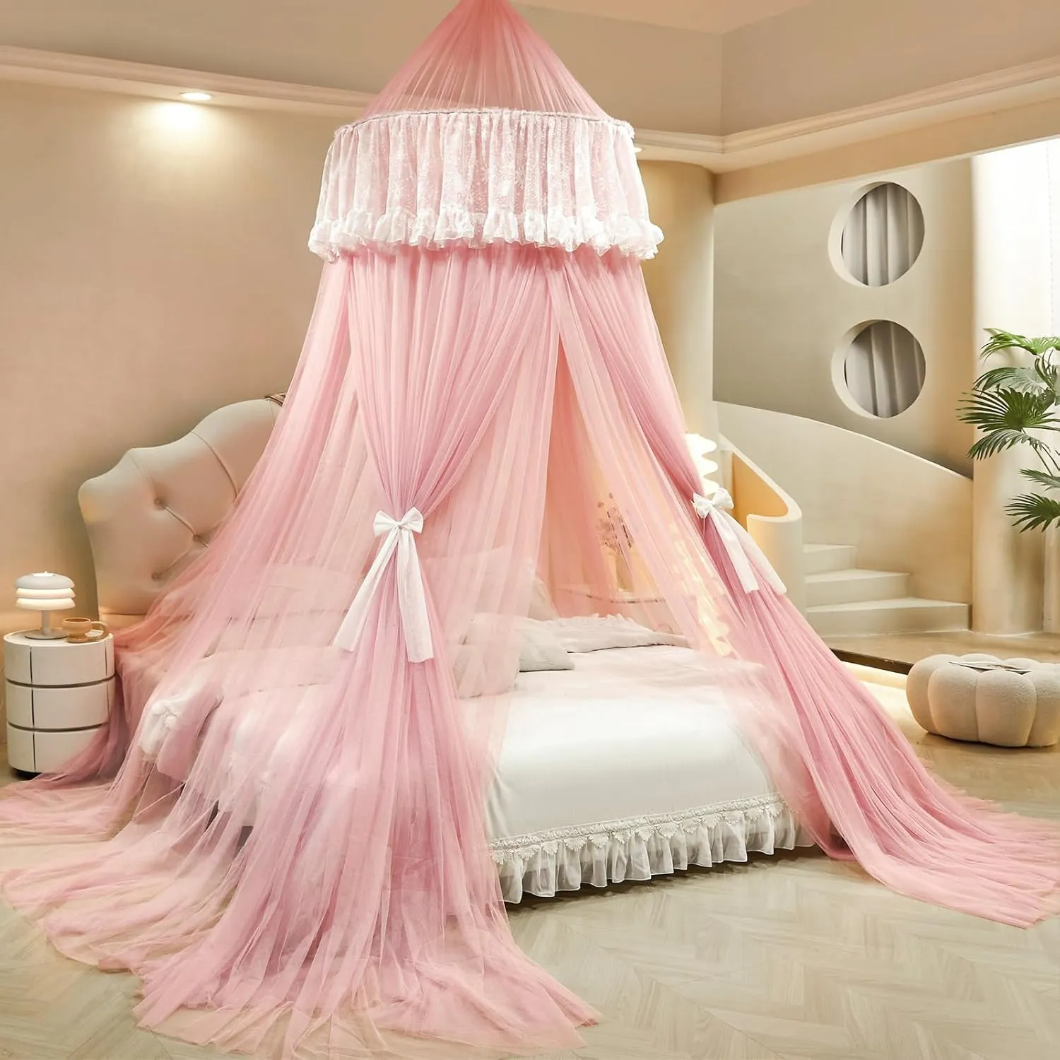AIKASY Princess Bed Canopy for Girls – Double Layer Sheer Mesh Dome with Romantic Lace Trim, Dreamy Mosquito Net Tent for Twin/Full/Queen/King Beds(Coral)