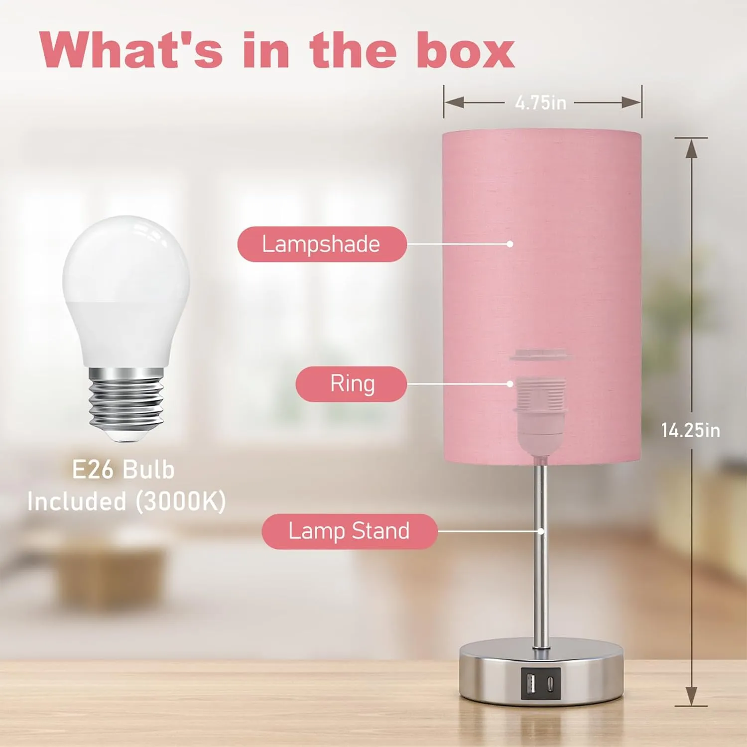 AKASUKI Table Lamp for Bedroom, 3 Way Dimmable Touch Lamp with Dual Charging Station, Small Bedside Lamps for Night Stands, Living Room, Office(LED Bulb Included)