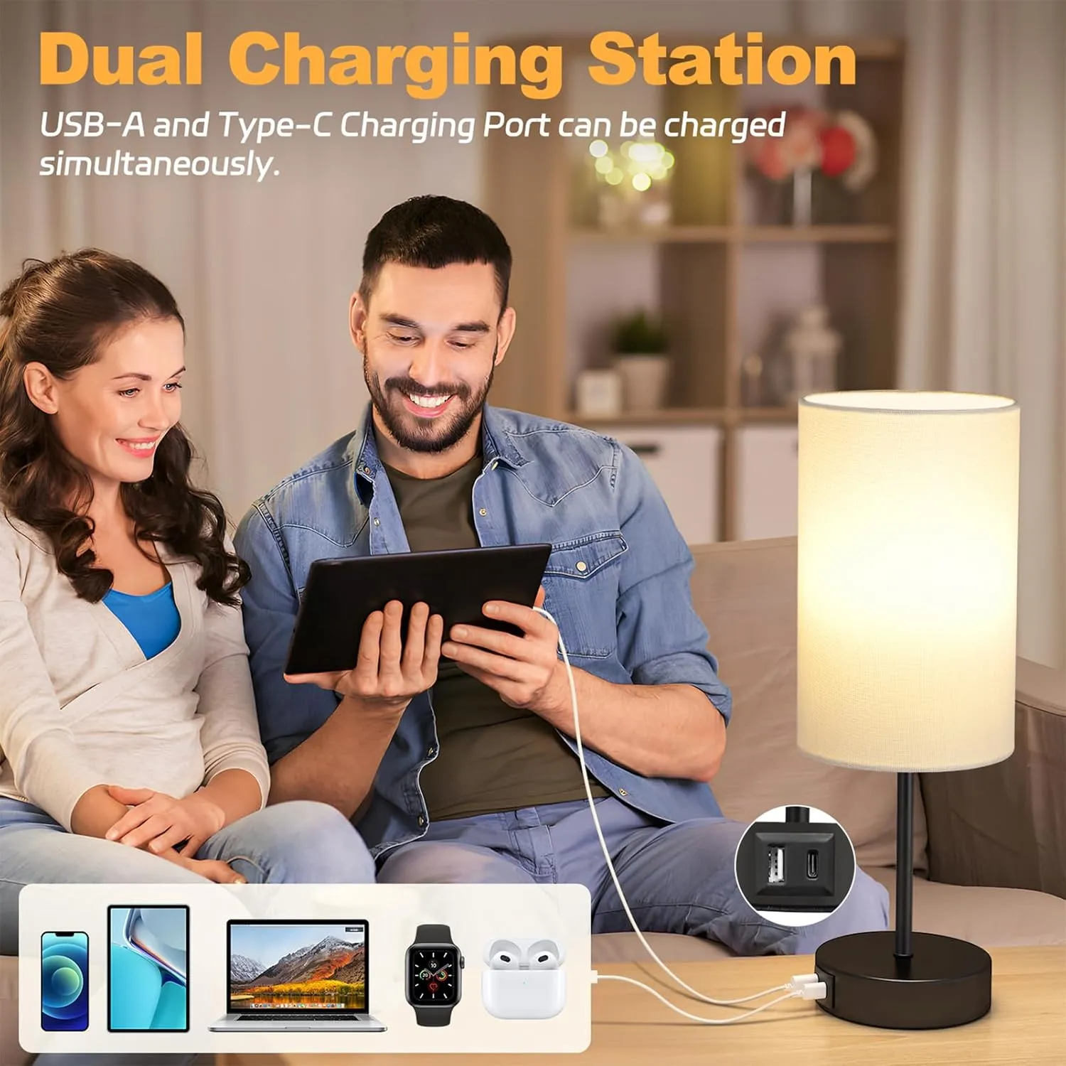 AKASUKI Table Lamp for Bedroom, 3 Way Dimmable Touch Lamp with Dual Charging Station, Small Bedside Lamps for Night Stands, Living Room, Office(LED Bulb Included)