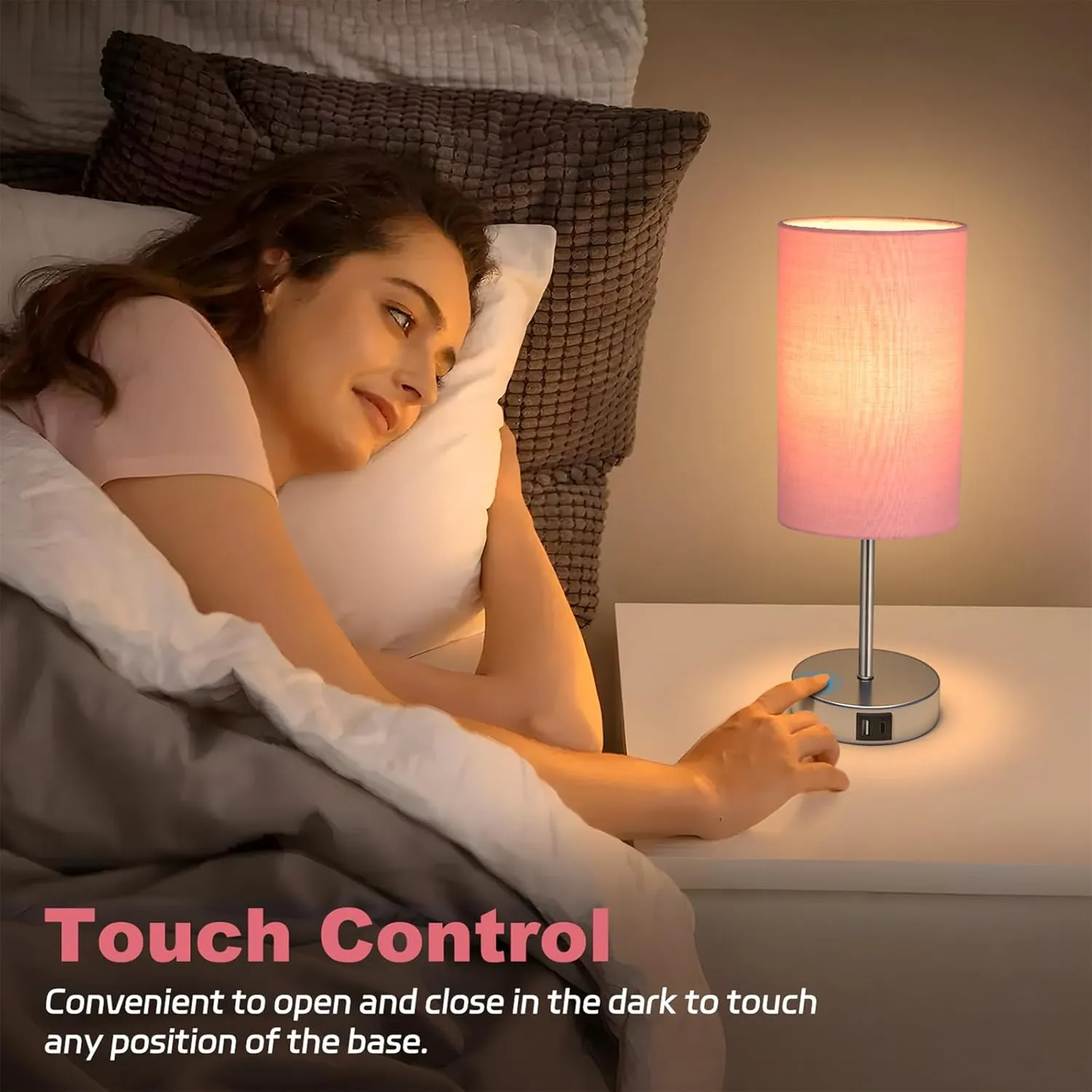 AKASUKI Table Lamp for Bedroom, 3 Way Dimmable Touch Lamp with Dual Charging Station, Small Bedside Lamps for Night Stands, Living Room, Office(LED Bulb Included)