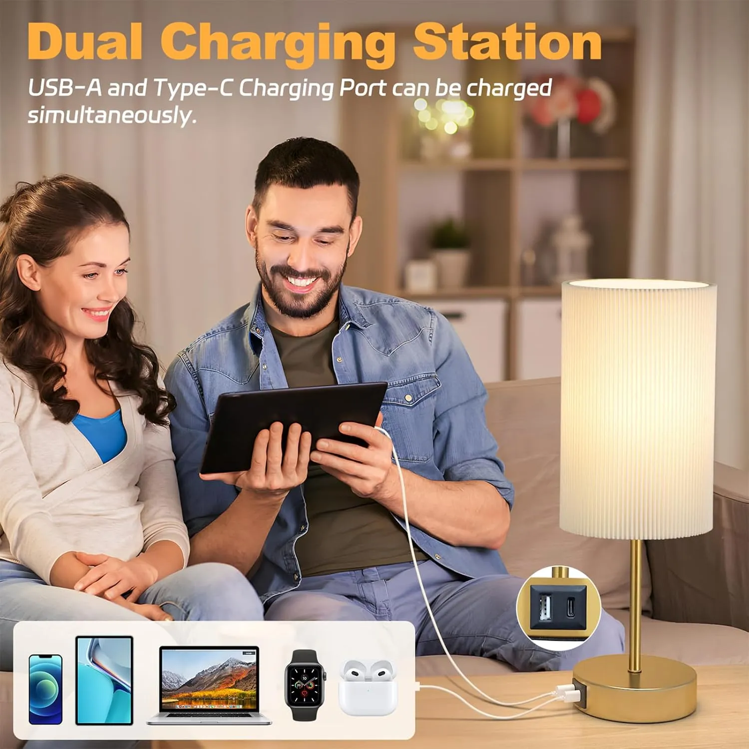 AKASUKI Table Lamp for Bedroom, 3 Way Dimmable Touch Lamp with Dual Charging Station, Small Bedside Lamps for Night Stands, Living Room, Office(LED Bulb Included)