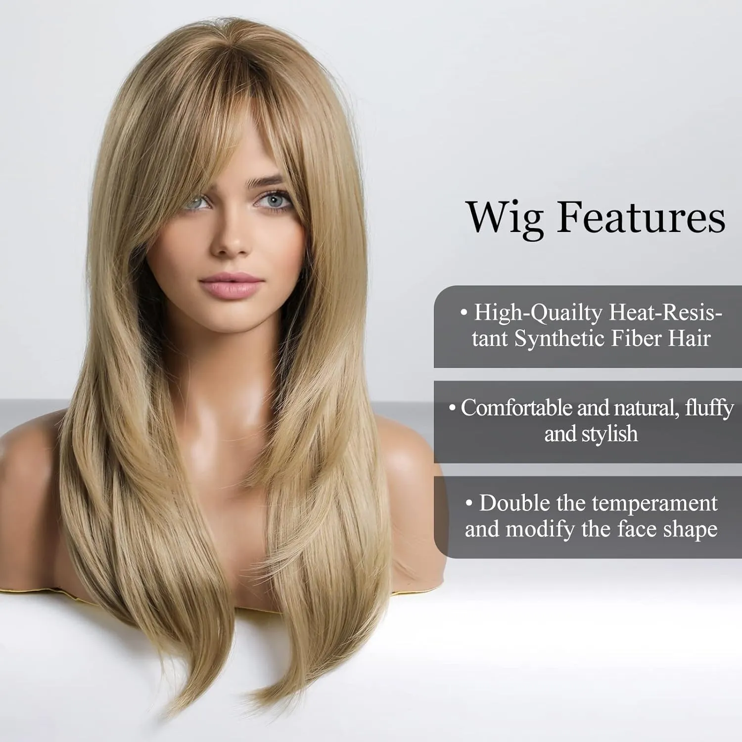Alanhair Long Ash ​Blonde Wigs for Women,HAIRCUBE Layered Synthetic Wig with Bangs Heat Resistant Fiber Daily 24 Inch