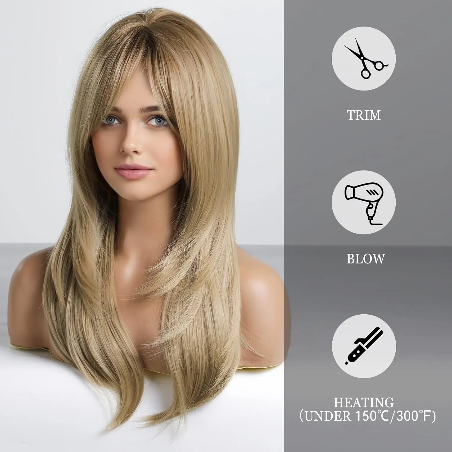 Alanhair Long Ash ​Blonde Wigs for Women,HAIRCUBE Layered Synthetic Wig with Bangs Heat Resistant Fiber Daily 24 Inch