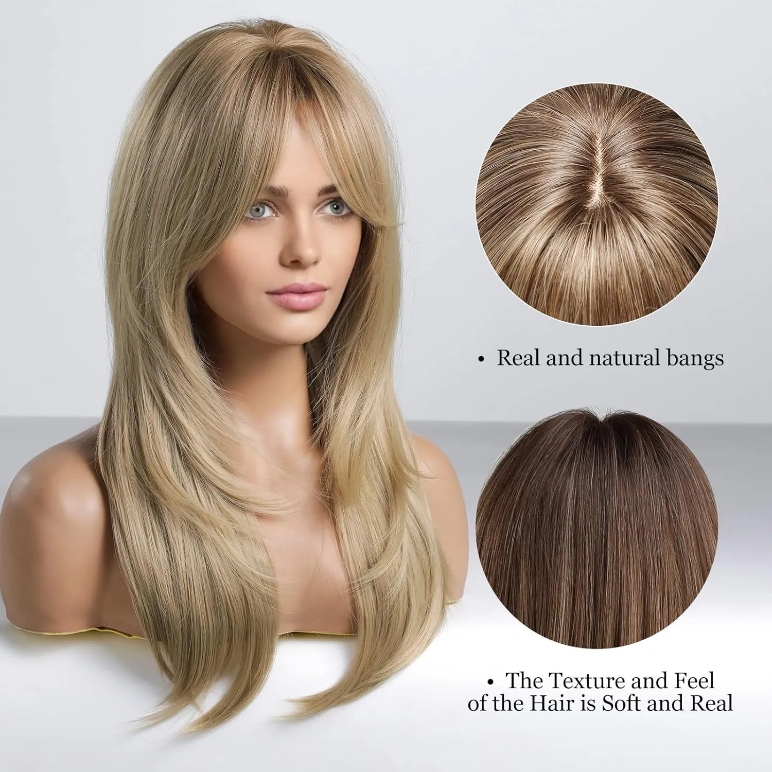 Alanhair Long Ash ​Blonde Wigs for Women,HAIRCUBE Layered Synthetic Wig with Bangs Heat Resistant Fiber Daily 24 Inch