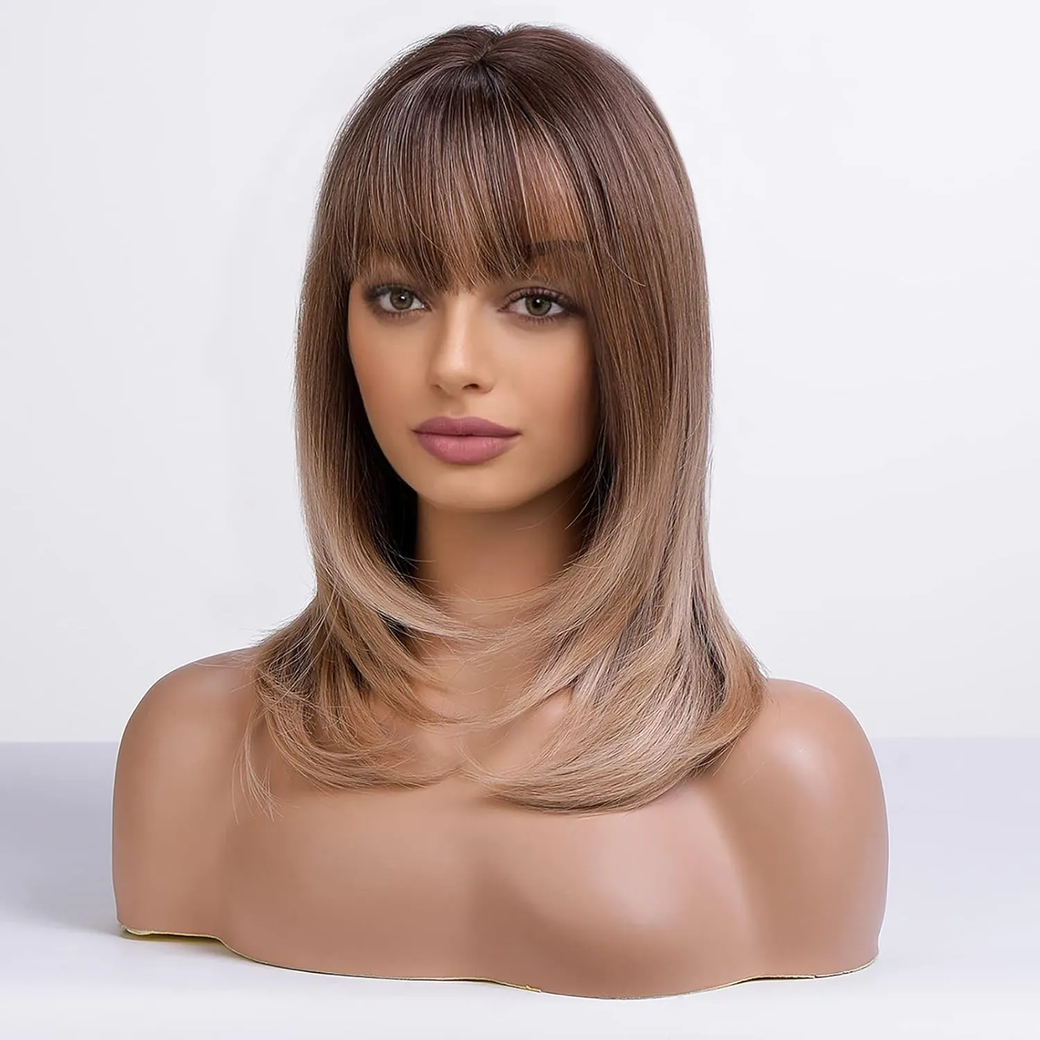 Alanhair Ombre Brown Wigs for Women,HAIRCUBE Shoulder-Length Wig with Bangs Synthetic Hair Layered Wigs Heat Resistant Fibre