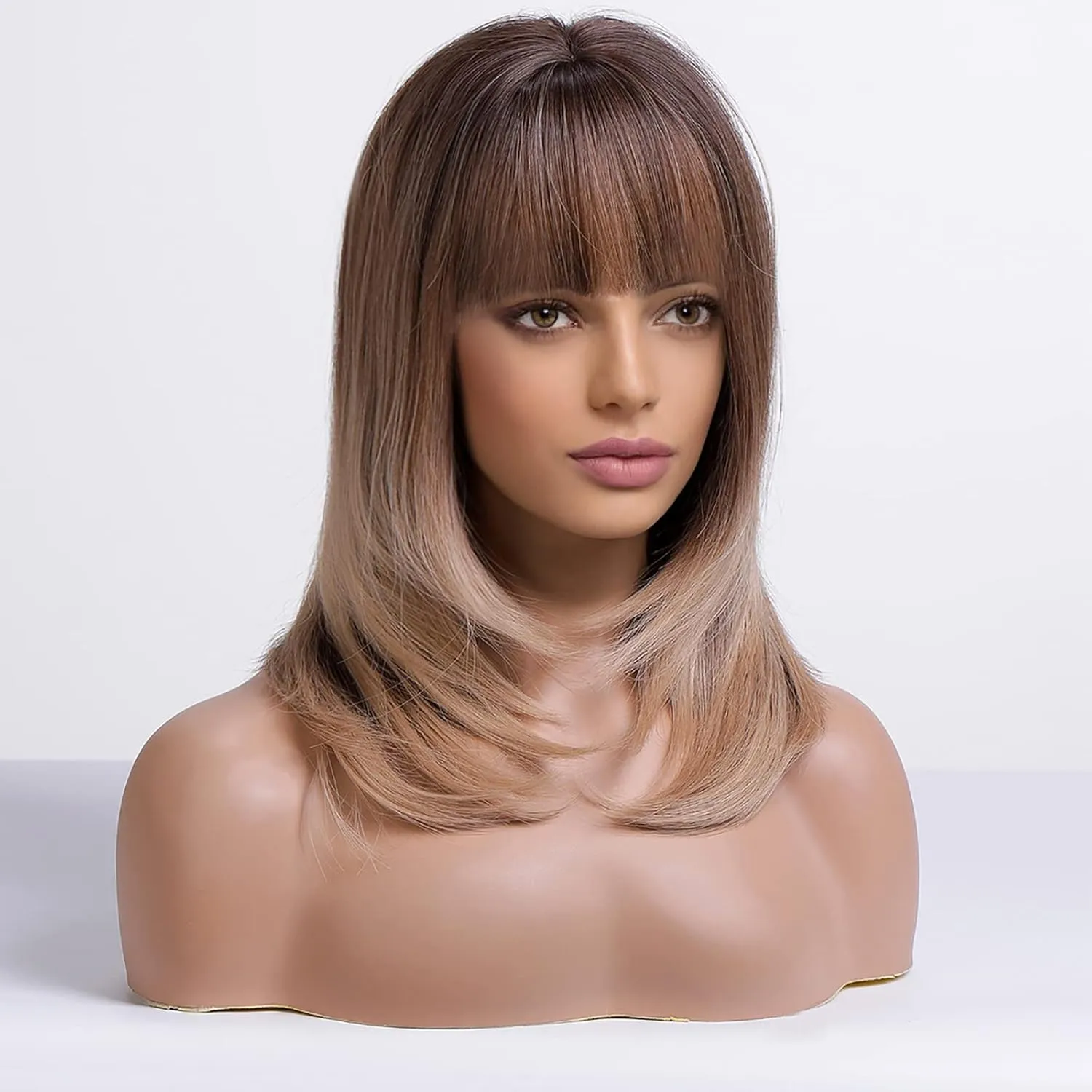 Alanhair Ombre Brown Wigs for Women,HAIRCUBE Shoulder-Length Wig with Bangs Synthetic Hair Layered Wigs Heat Resistant Fibre