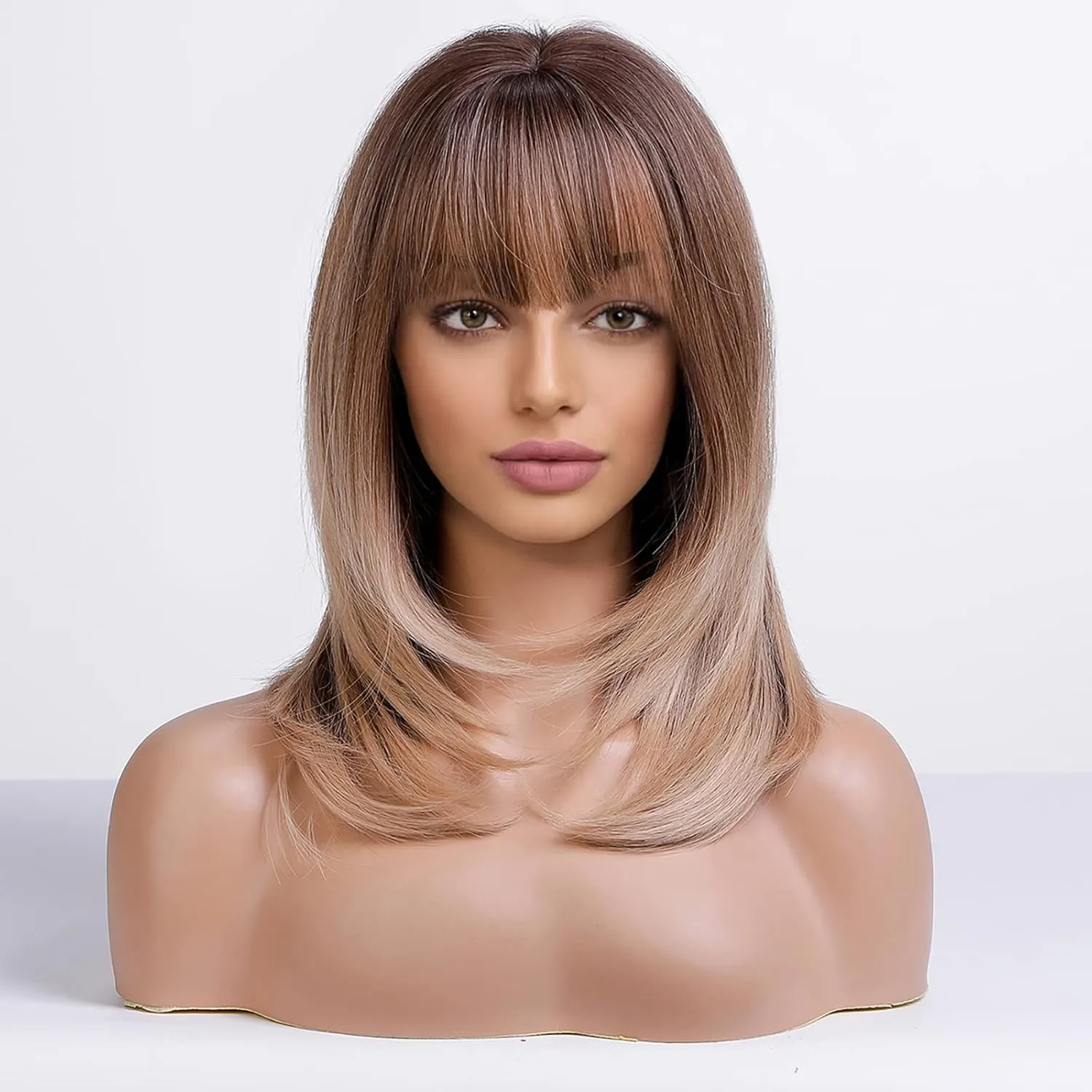 Alanhair Ombre Brown Wigs for Women,HAIRCUBE Shoulder-Length Wig with Bangs Synthetic Hair Layered Wigs Heat Resistant Fibre
