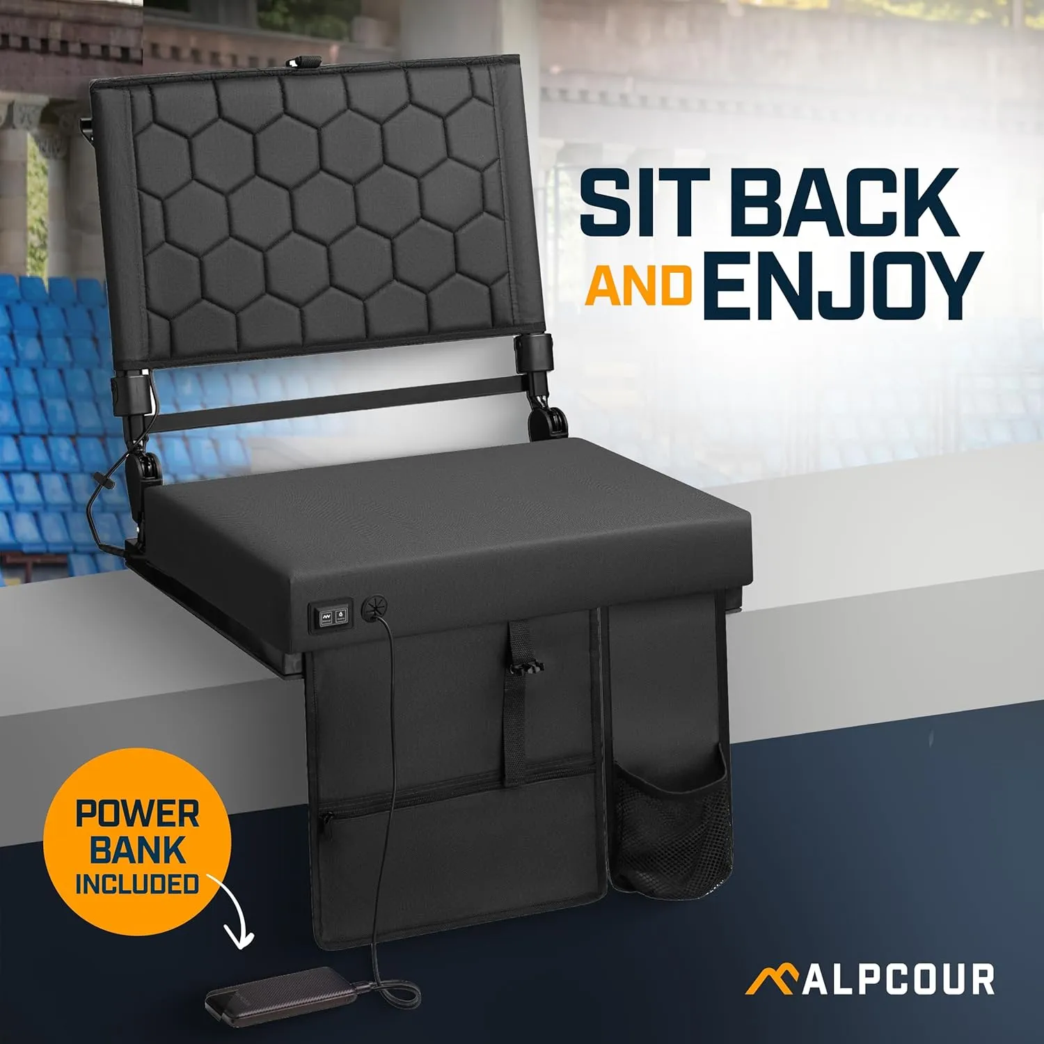 Alpcour Foldable Reclining Heated Massage Stadium Seat with Multiple Pockets, Anti-Slip Bottom, Bleacher Hooks, Bag Hook, Adjustable Height