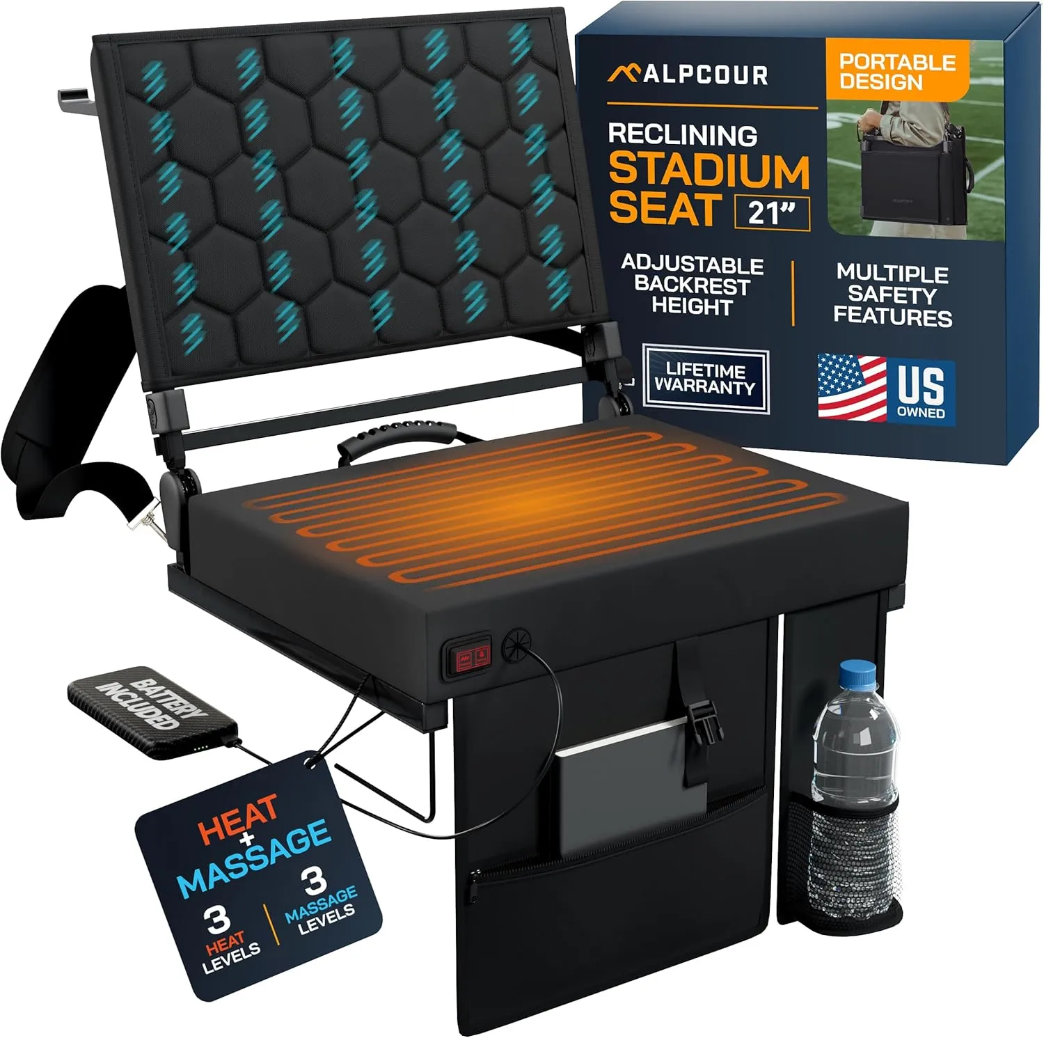 Alpcour Foldable Reclining Heated Massage Stadium Seat with Multiple Pockets, Anti-Slip Bottom, Bleacher Hooks, Bag Hook, Adjustable Height