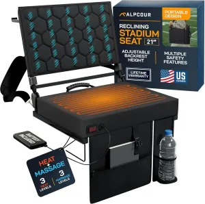 Alpcour Foldable Reclining Heated Massage Stadium Seat with Multiple Pockets, Anti-Slip Bottom, Bleacher Hooks, Bag Hook, Adjustable Height