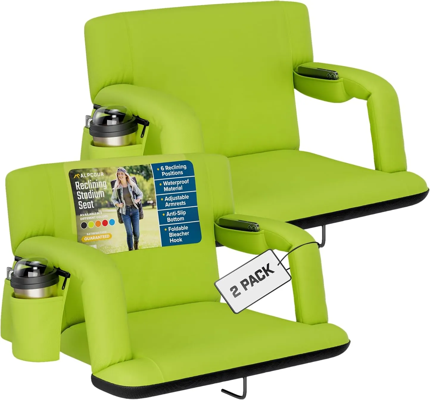 Alpcour Reclining Stadium Seat – Wide Bleacher Chair with Back Support and Cushion, Armrests, Side Pockets, and Bleachers Hook – Best Stadium Seats Chairs for Camping, Kayak, & Paddle Board Backs