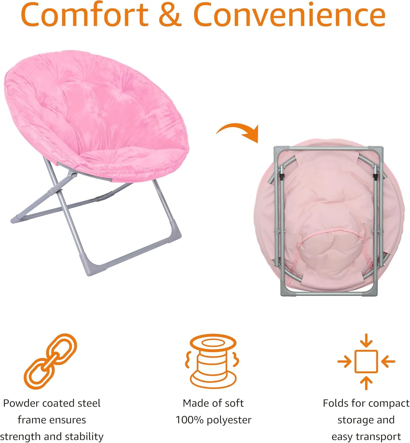 Amazon Basics Soft Faux Fur Saucer Shaped Comfortable Chair with Foldable Metal Frame, for Living Room or Dorm Room, Cozy, Pink, 27.2"D x 32.3"W x 32.3"H