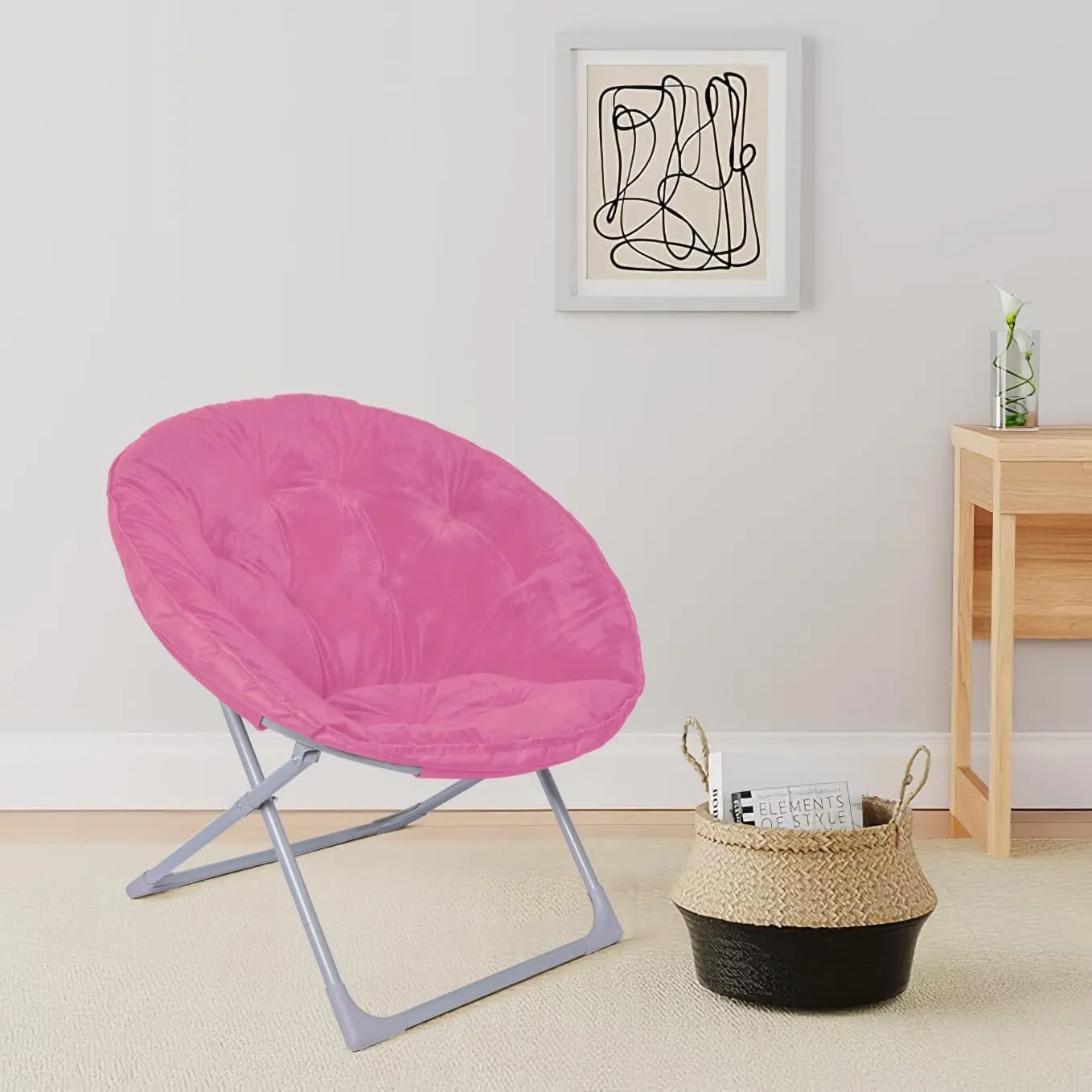 Amazon Basics Soft Faux Fur Saucer Shaped Comfortable Chair with Foldable Metal Frame, for Living Room or Dorm Room, Cozy, Pink, 27.2"D x 32.3"W x 32.3"H