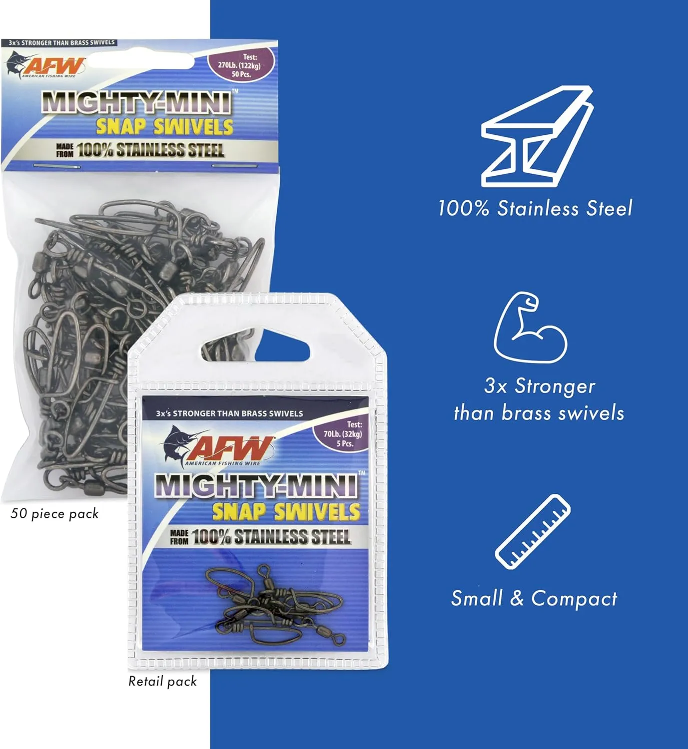 American Mighty Mini Snap Crane Swivels - 100% Stainless Steel, 3X Stronger Than Brass, Up to 600lb Test - Essential Gear for Every Tackle Box - Ideal for Any Fishing Line Leader