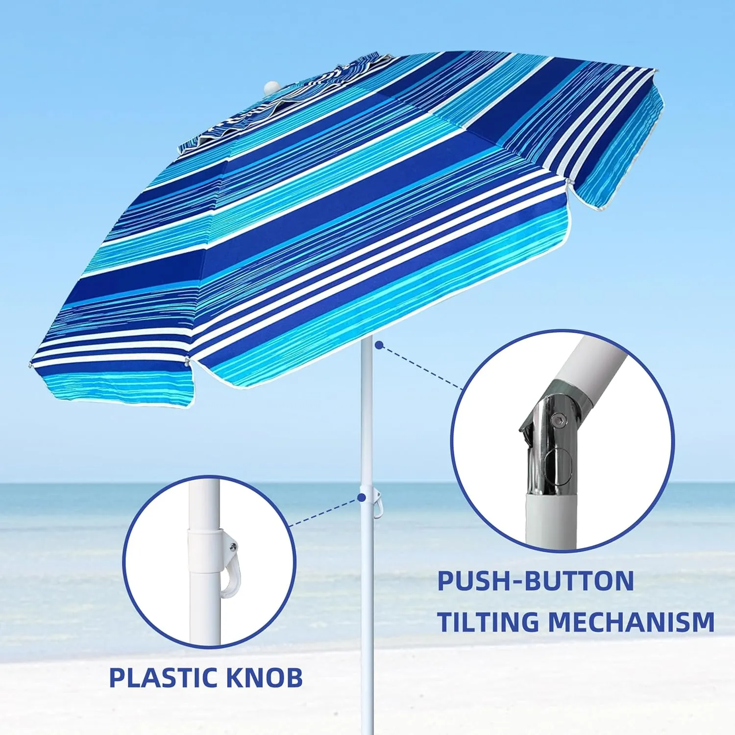 AMMSUN 6.5 ft Heavy Duty Beach Umbrella for Sand with tilt Air Vent Sun Shelter, UV 50  Protection Outdoor Sunshade Umbrellas and Parasols with Carry Bag for Patio Garden Beach Pool stripe Blue