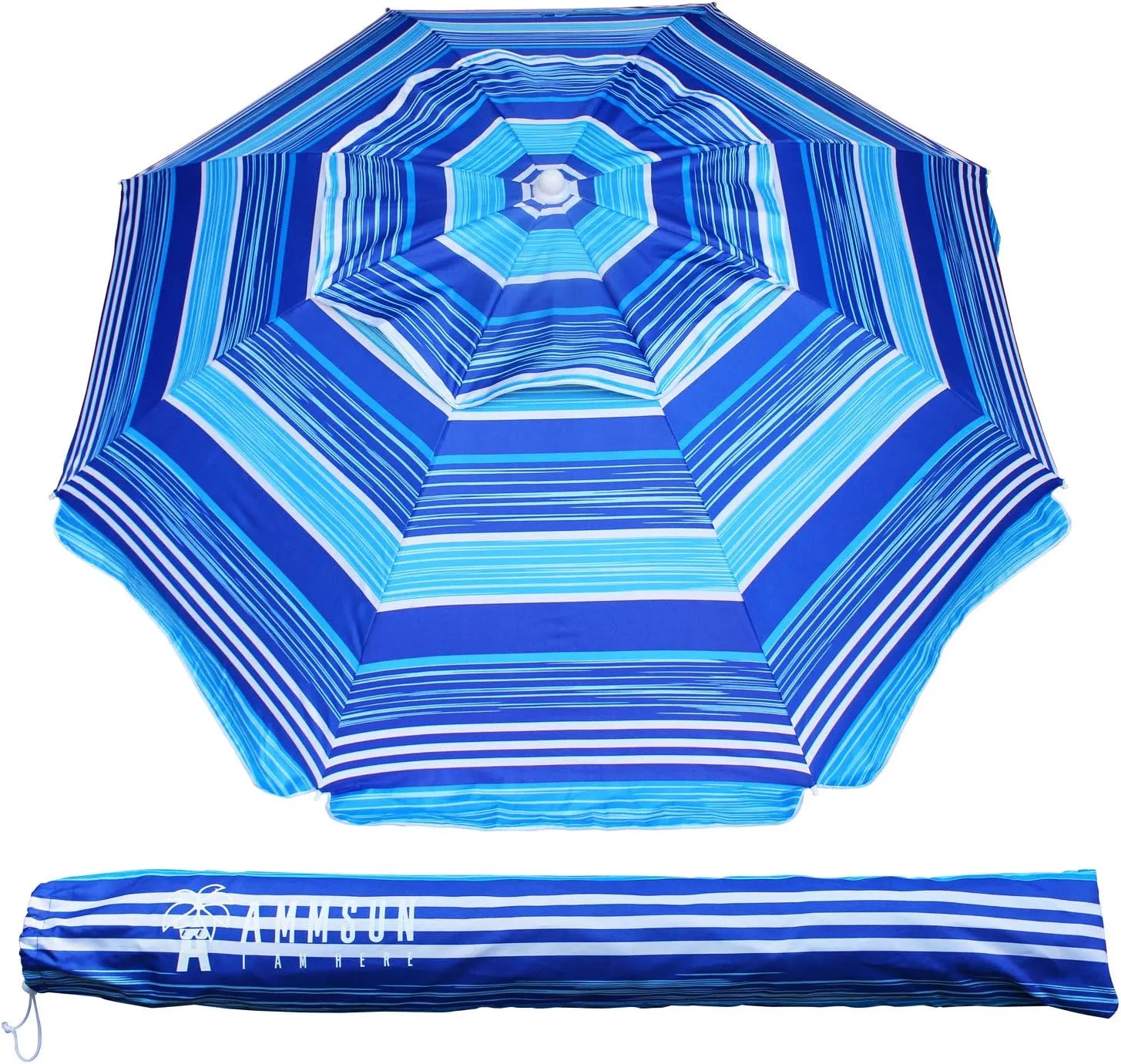 AMMSUN 6.5 ft Heavy Duty Beach Umbrella for Sand with tilt Air Vent Sun Shelter, UV 50  Protection Outdoor Sunshade Umbrellas and Parasols with Carry Bag for Patio Garden Beach Pool stripe Blue