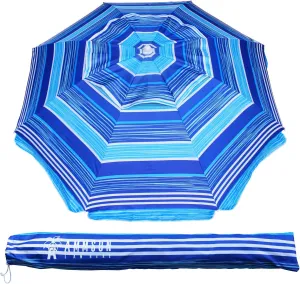 AMMSUN 6.5 ft Heavy Duty Beach Umbrella for Sand with tilt Air Vent Sun Shelter, UV 50  Protection Outdoor Sunshade Umbrellas and Parasols with Carry Bag for Patio Garden Beach Pool stripe Blue