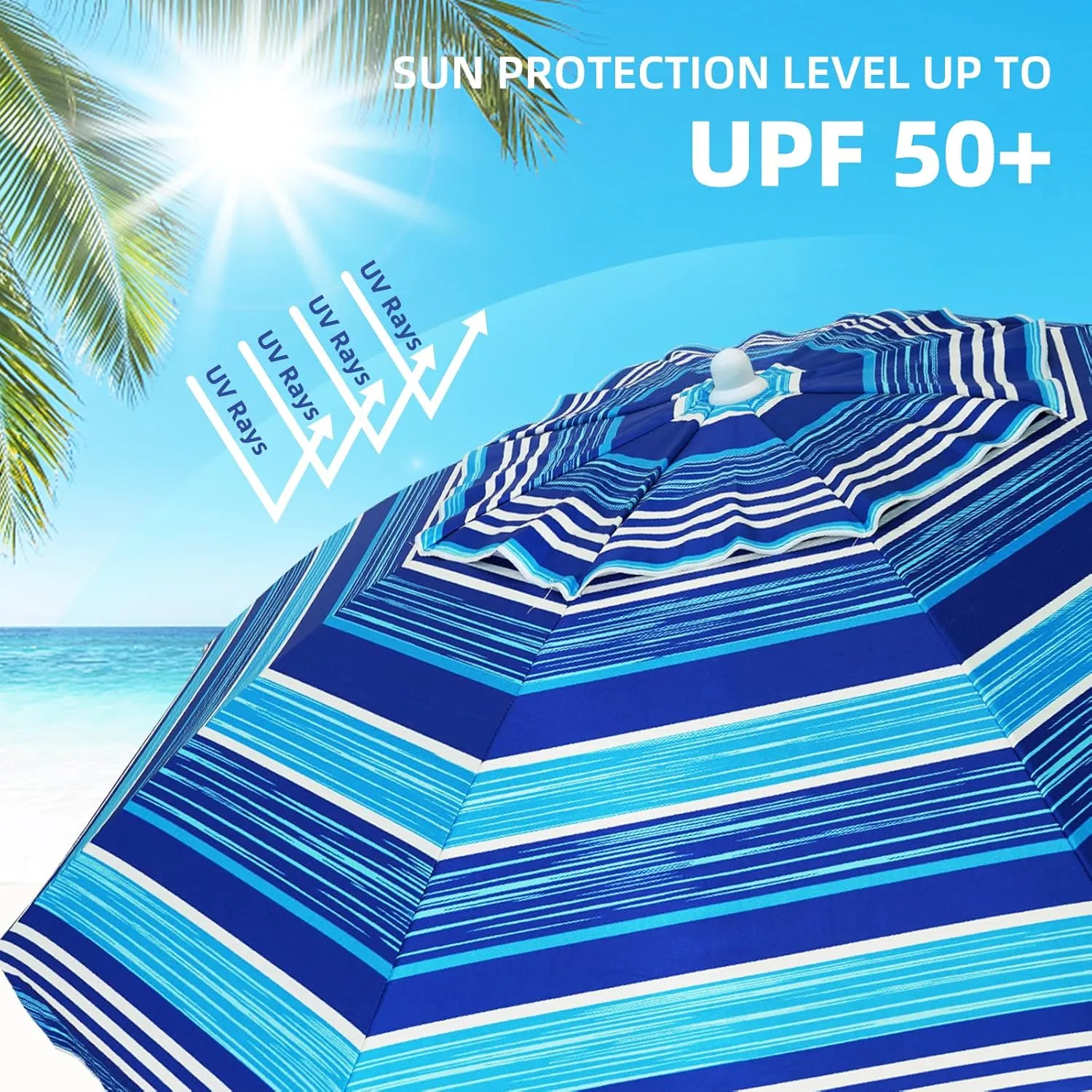 AMMSUN 6.5 ft Heavy Duty Beach Umbrella for Sand with tilt Air Vent Sun Shelter, UV 50  Protection Outdoor Sunshade Umbrellas and Parasols with Carry Bag for Patio Garden Beach Pool stripe Blue