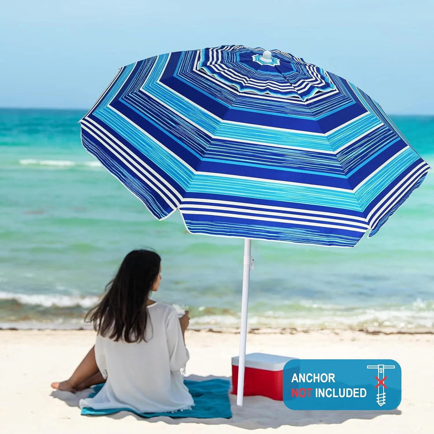 AMMSUN 6.5 ft Heavy Duty Beach Umbrella for Sand with tilt Air Vent Sun Shelter, UV 50  Protection Outdoor Sunshade Umbrellas and Parasols with Carry Bag for Patio Garden Beach Pool stripe Blue