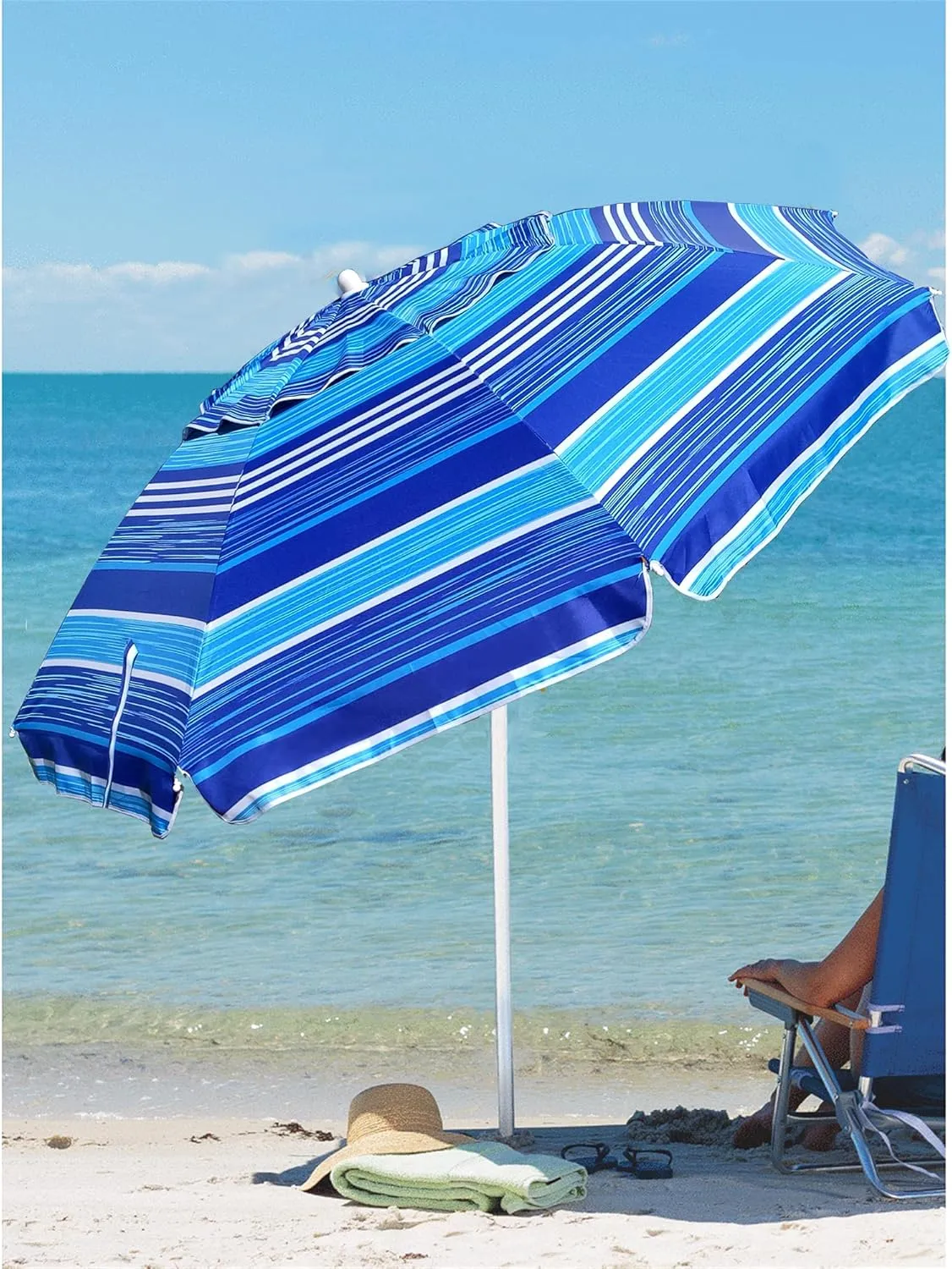 AMMSUN 6.5 ft Heavy Duty Beach Umbrella for Sand with tilt Air Vent Sun Shelter, UV 50  Protection Outdoor Sunshade Umbrellas and Parasols with Carry Bag for Patio Garden Beach Pool stripe Blue
