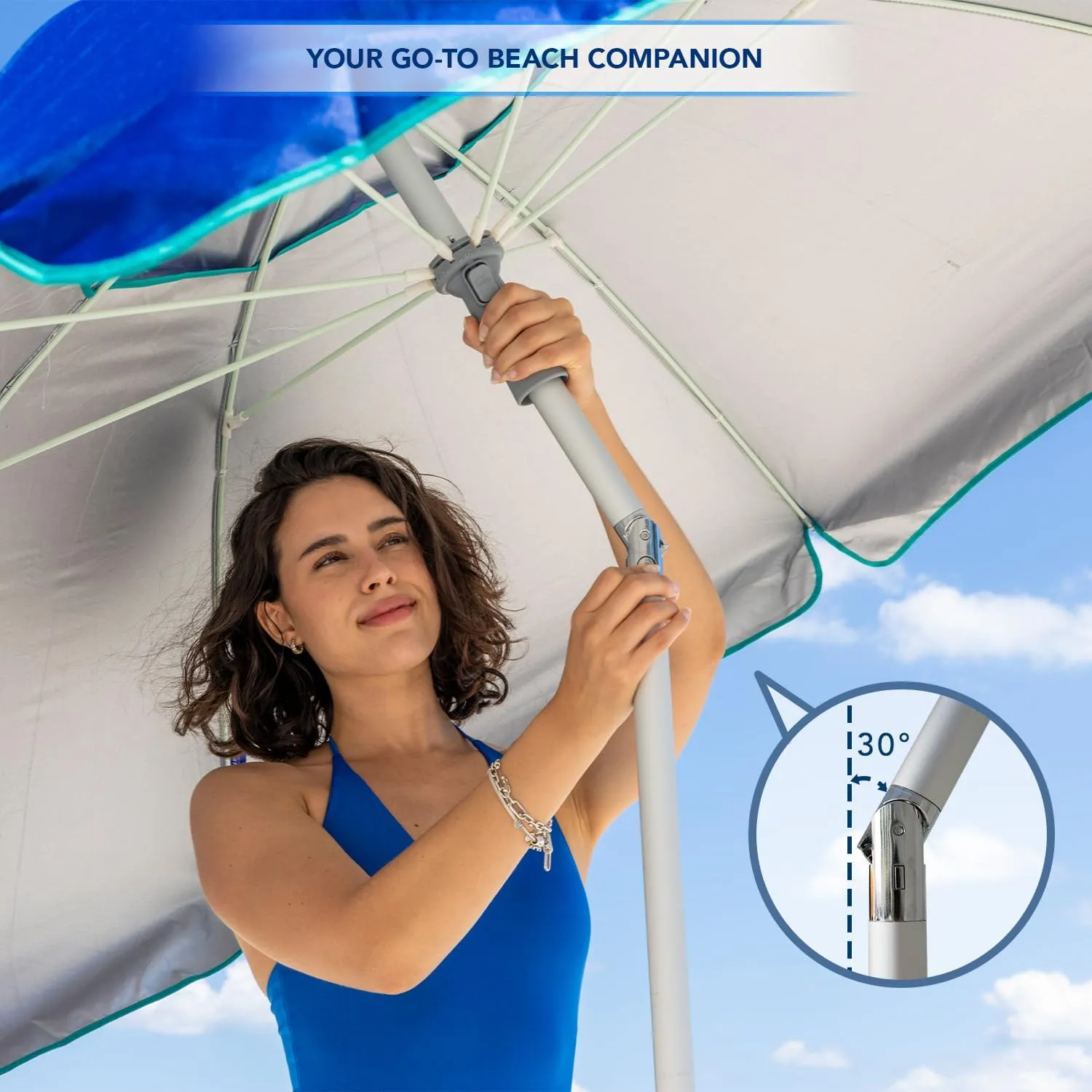 AMMSUN 7ft Heavy Duty HIGH Wind Beach Umbrella with sand anchor & Tilt pole Sun Shelter, UV 50  Protection Outdoor Sunshade Umbrella with Carry Bag for Patio Garden Beach Pool Backyard Blue
