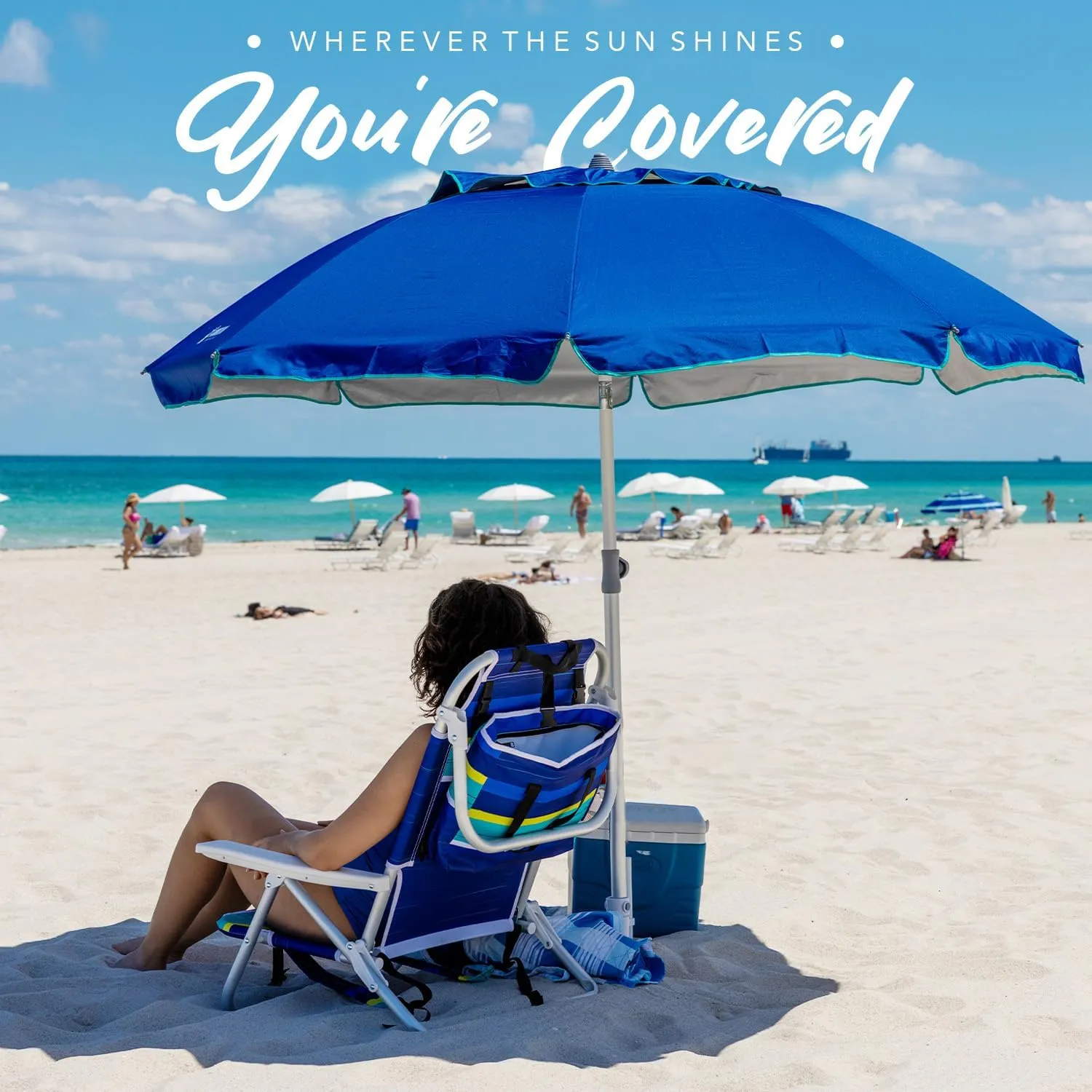 AMMSUN 7ft Heavy Duty HIGH Wind Beach Umbrella with sand anchor & Tilt pole Sun Shelter, UV 50  Protection Outdoor Sunshade Umbrella with Carry Bag for Patio Garden Beach Pool Backyard Blue