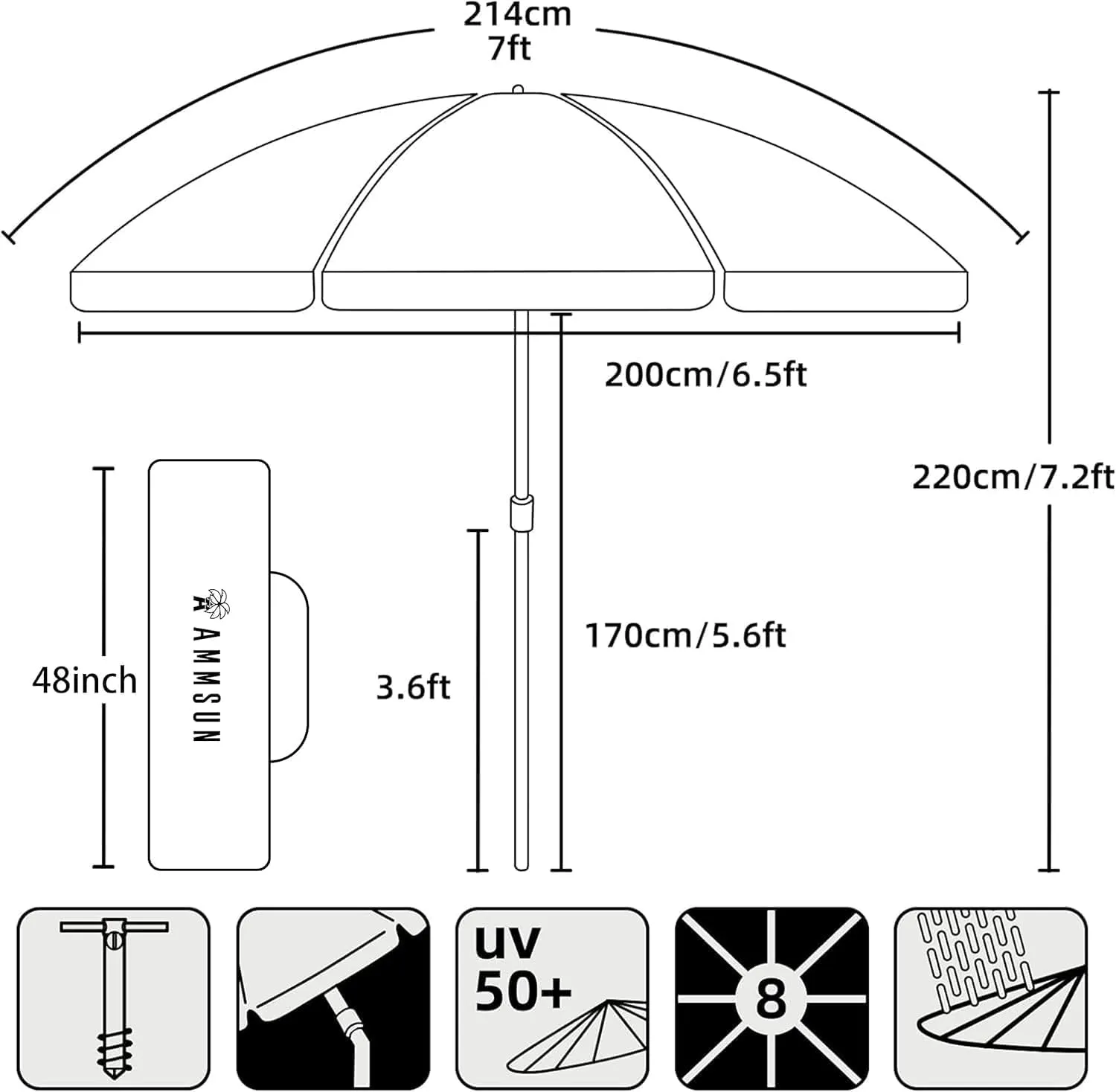 AMMSUN 7ft Heavy Duty HIGH Wind Beach Umbrella with sand anchor & Tilt pole Sun Shelter, UV 50  Protection Outdoor Sunshade Umbrella with Carry Bag for Patio Garden Beach Pool Backyard Blue