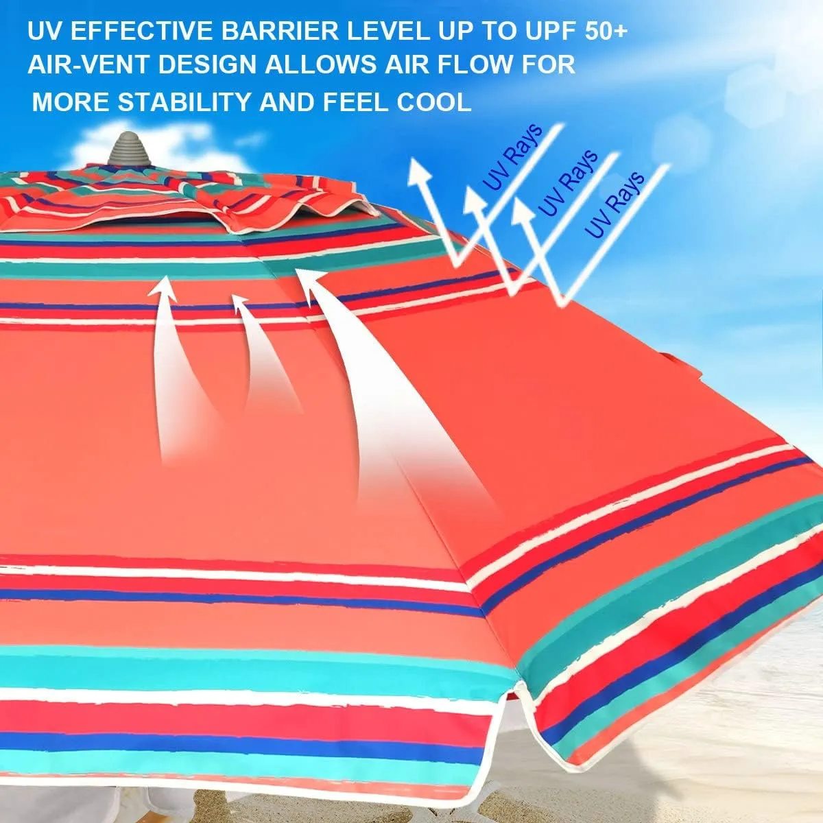 AMMSUN 7ft Heavy Duty HIGH Wind Beach Umbrella with sand anchor Vent Tilt Sun Shelter, UV 50  Protection Portable Outdoor Sunshade Umbrellas Carry Bag for Patio Garden Pool Backyard Rust Red