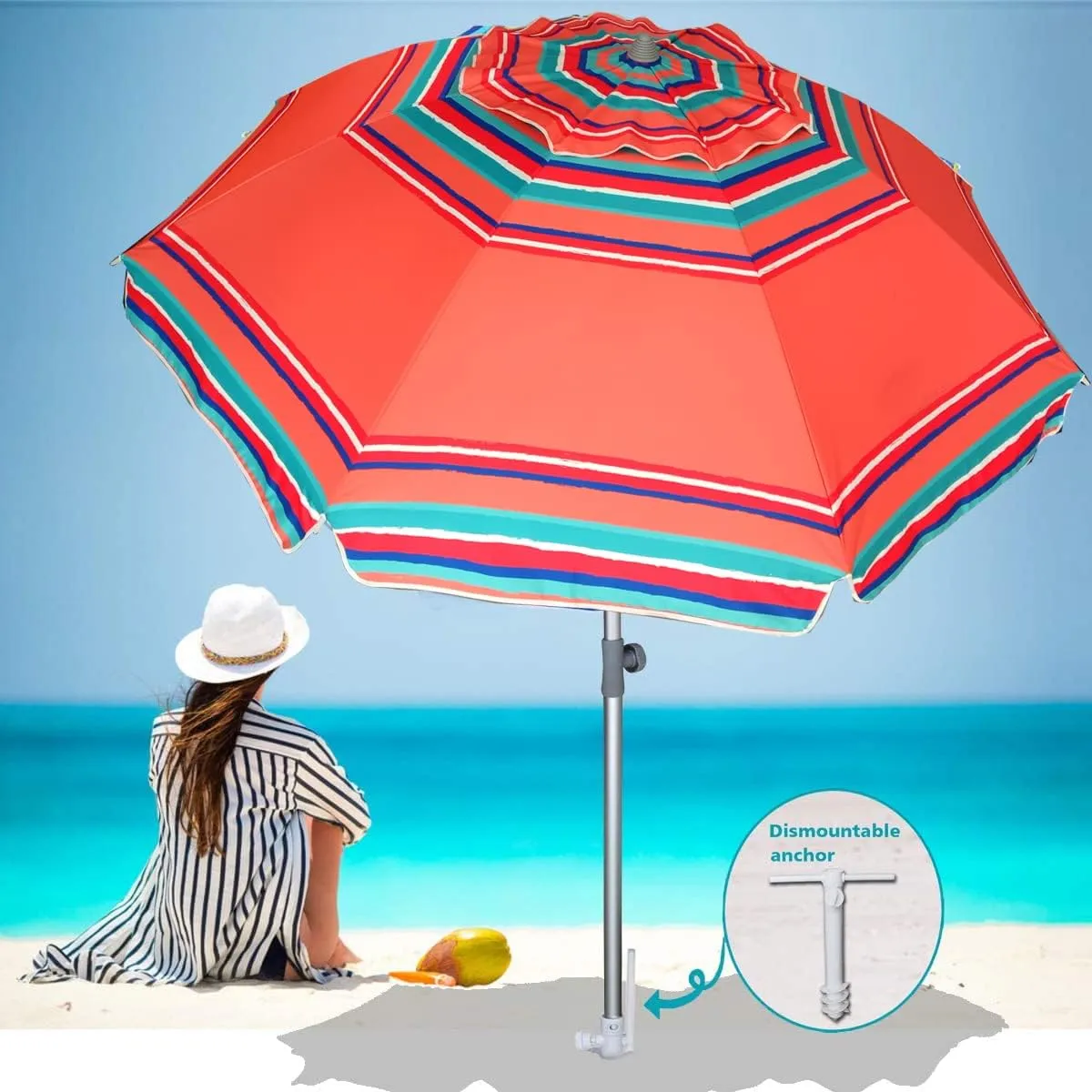 AMMSUN 7ft Heavy Duty HIGH Wind Beach Umbrella with sand anchor Vent Tilt Sun Shelter, UV 50  Protection Portable Outdoor Sunshade Umbrellas Carry Bag for Patio Garden Pool Backyard Rust Red