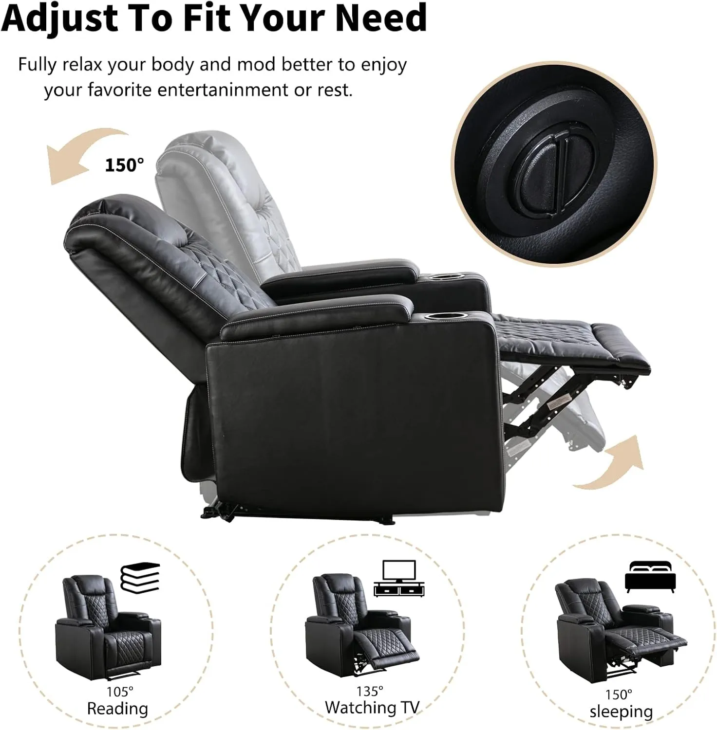 ANJ Electric Power Recliner Chair Soft Leather Reclining with USB Ports and Cup Holders, Black Home Theater Seating with Hidden Arm Storage Movie & Media Room Chairs