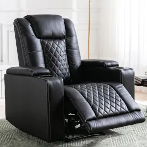 ANJ Electric Power Recliner Chair Soft Leather Reclining with USB Ports and Cup Holders, Black Home Theater Seating with Hidden Arm Storage Movie & Media Room Chairs