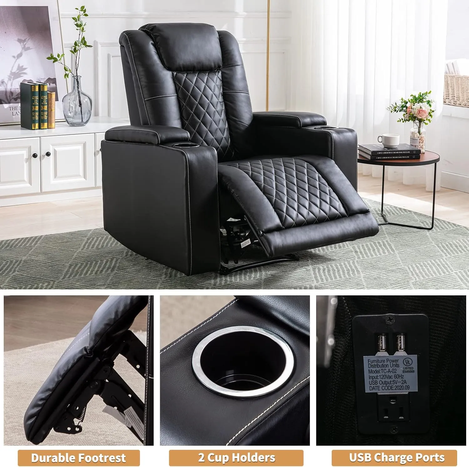 ANJ Electric Power Recliner Chair Soft Leather Reclining with USB Ports and Cup Holders, Black Home Theater Seating with Hidden Arm Storage Movie & Media Room Chairs