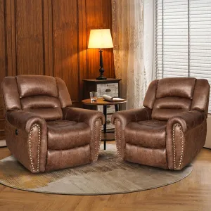 ANJ Electric Power Recliner Set of 2, Breathable Bonded Leather Reclining Chair Classic Home Theater Recliners Seating W/USB Port, Electric Recliner Chairs for Living Room (Nut Brown)