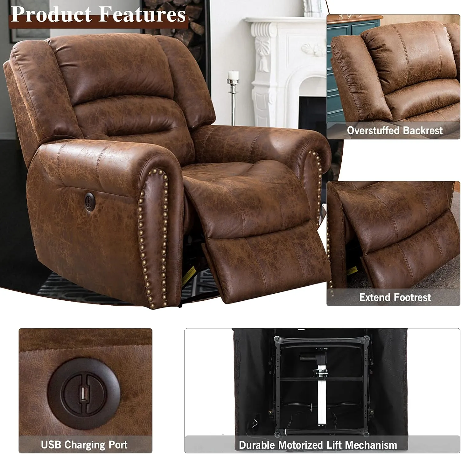 ANJ Electric Recliner Chair W/Breathable Bonded Leather, Classic Single Sofa Home Theater Recliner Seating W/USB Port (Nut Brown)