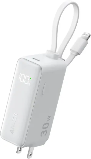 ANKER 3-in-1 Power Bank, 5,000mAh Portable Charger with Built-in Lightning Cable and Foldable AC Plug, 30W Max Compact Battery Pack, for iPhone 14 Series, Galaxy, MacBook, and More