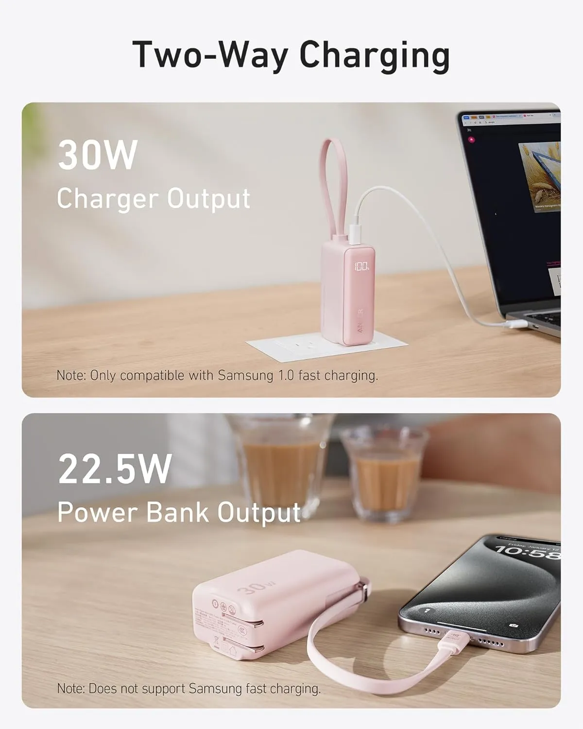 ANKER 3-in-1 Power Bank, 5,000mAh Portable Charger with Built-in Lightning Cable and Foldable AC Plug, 30W Max Compact Battery Pack, for iPhone 14 Series, Galaxy, MacBook, and More