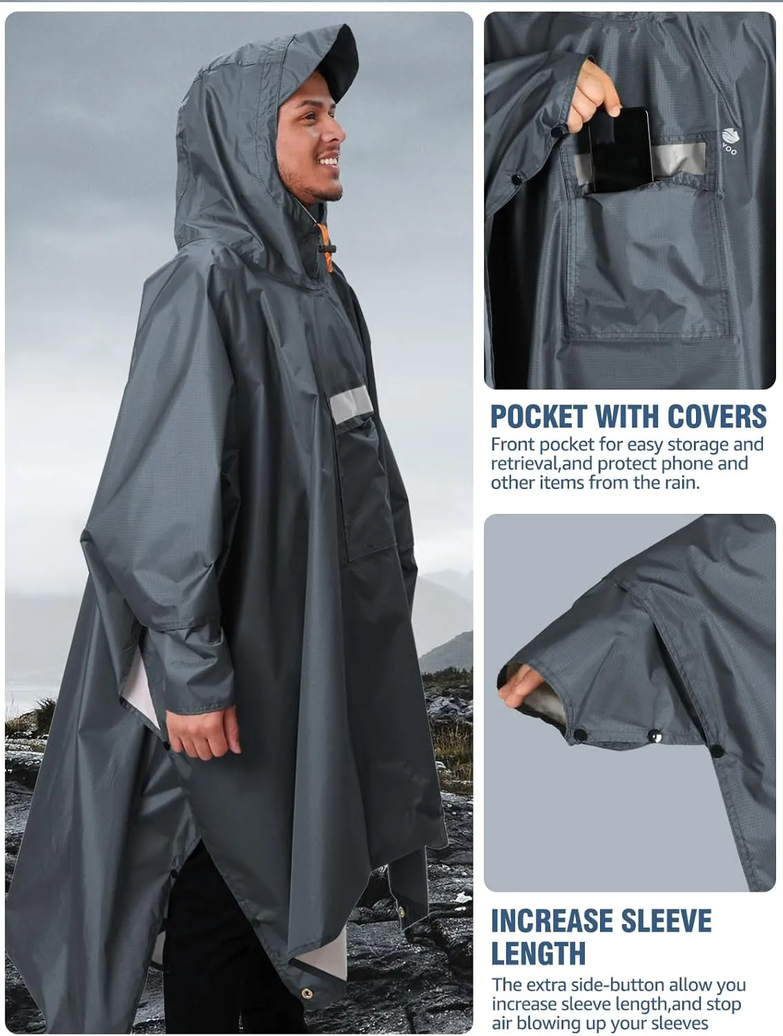ANYOO Hooded Rain Poncho for Adults Waterproof Lightweight Rain Coat for Men Women Reusable Rain Jacket for Emergency Outdoor