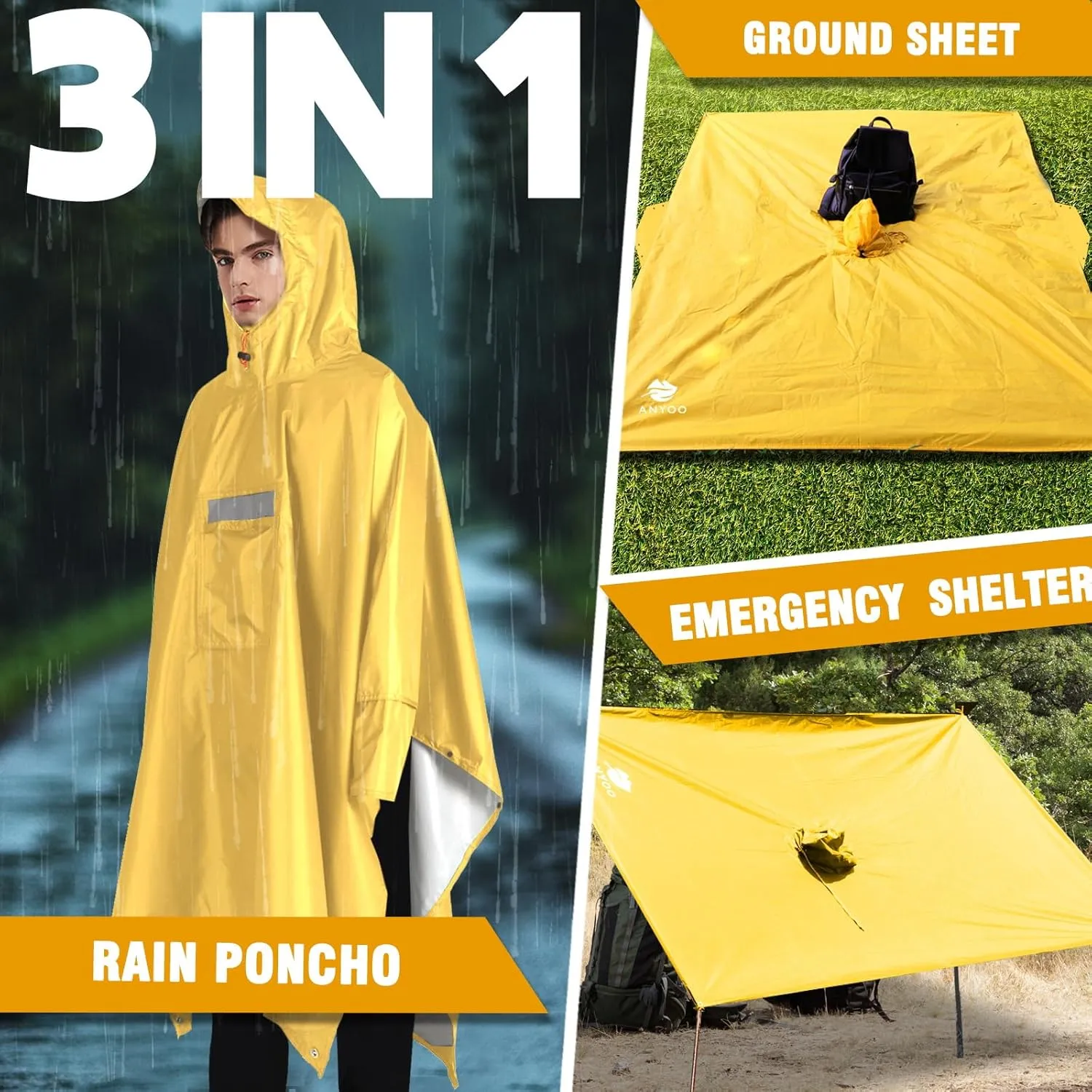 ANYOO Hooded Rain Poncho for Adults Waterproof Lightweight Rain Coat for Men Women Reusable Rain Jacket for Emergency Outdoor