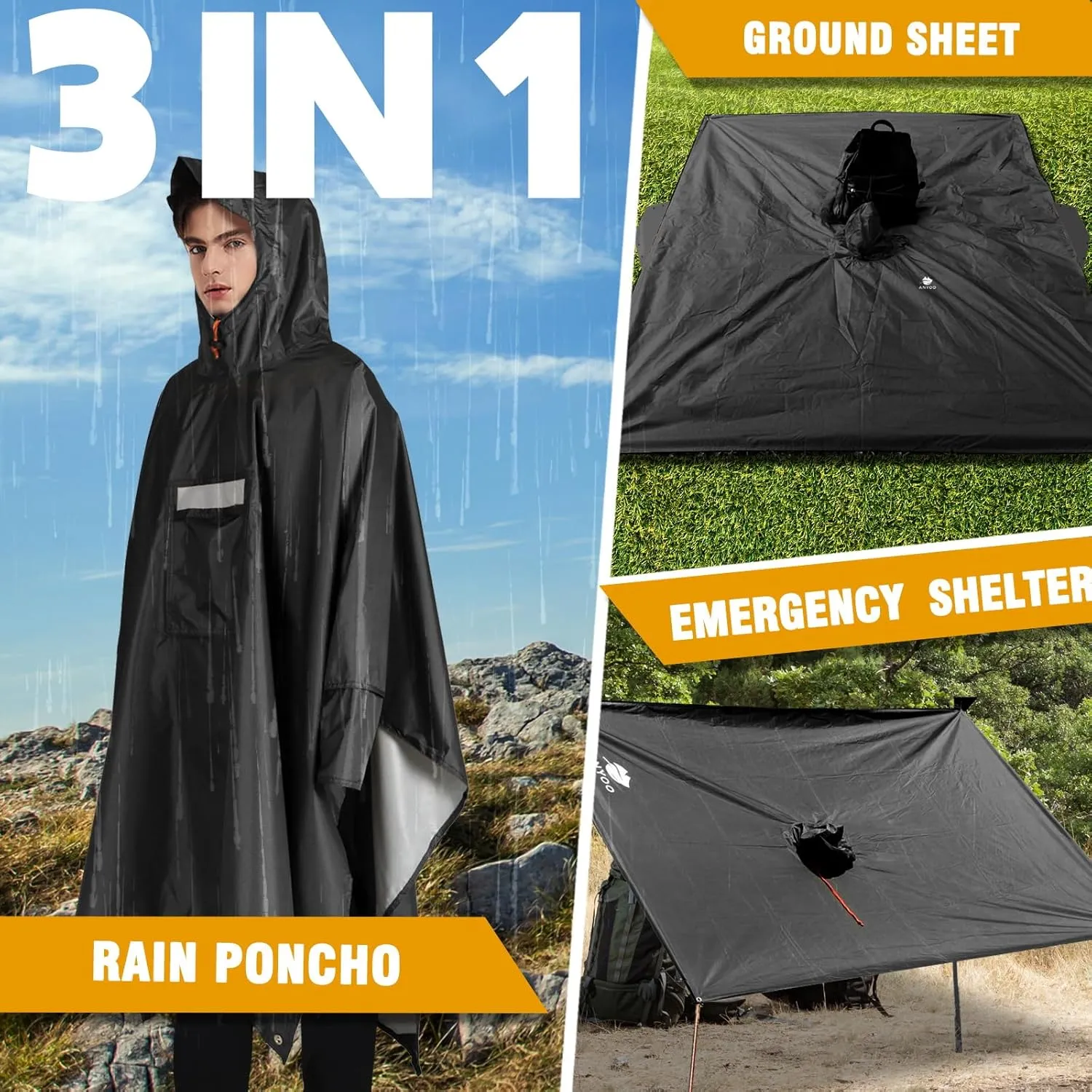 ANYOO Hooded Rain Poncho for Adults Waterproof Lightweight Rain Coat for Men Women Reusable Rain Jacket for Emergency Outdoor
