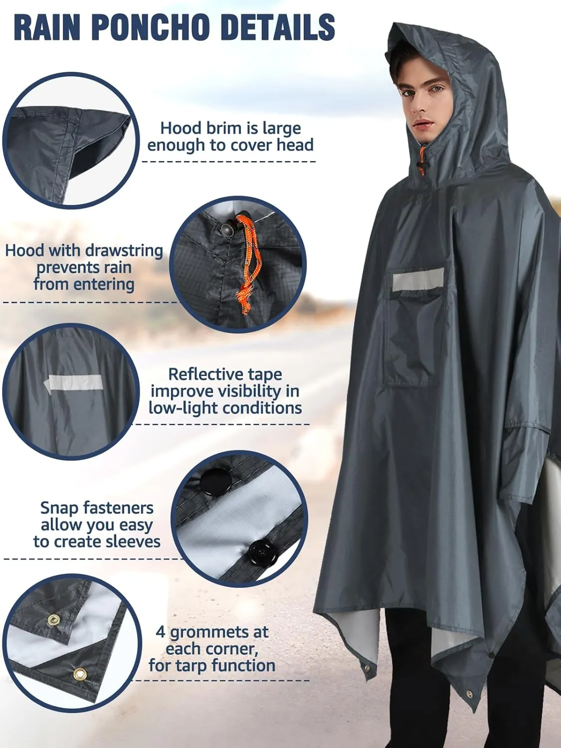 ANYOO Hooded Rain Poncho for Adults Waterproof Lightweight Rain Coat for Men Women Reusable Rain Jacket for Emergency Outdoor