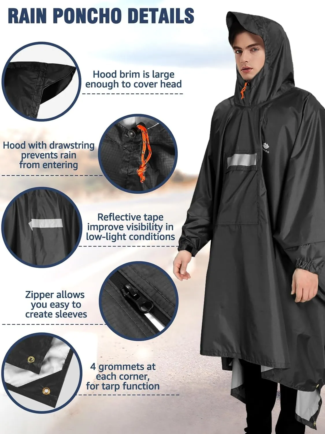 ANYOO Hooded Rain Poncho for Adults Waterproof Lightweight Rain Coat for Men Women Reusable Rain Jacket for Emergency Outdoor