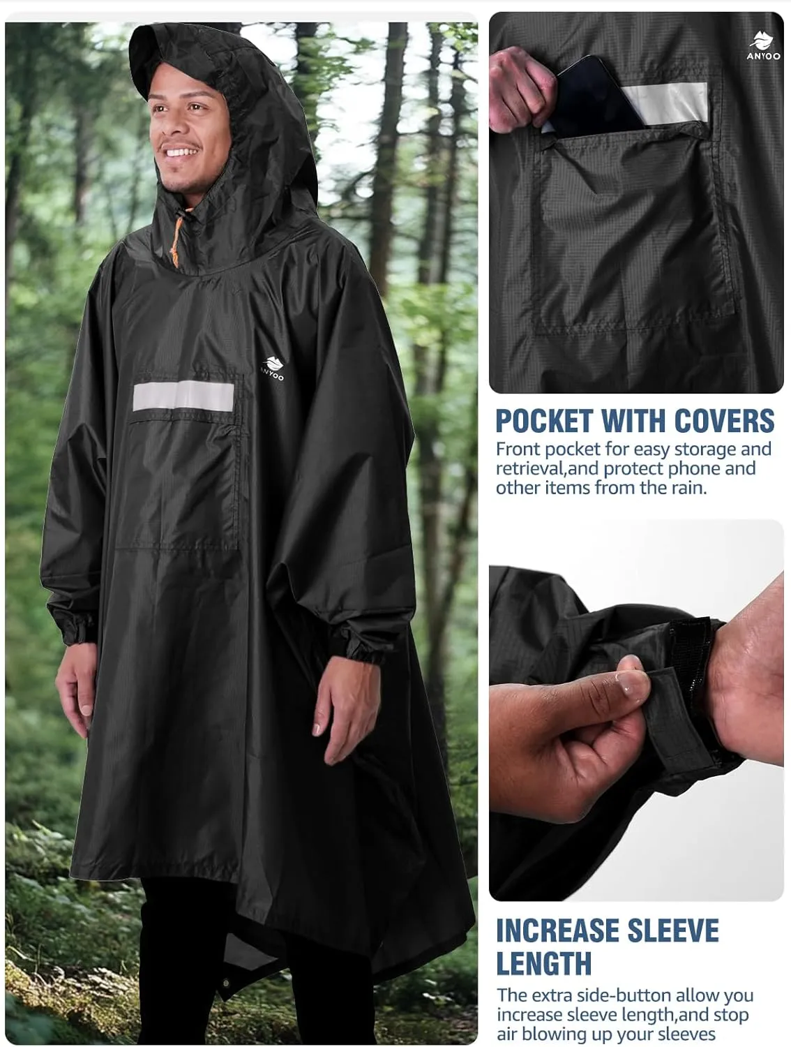 ANYOO Hooded Rain Poncho for Adults Waterproof Lightweight Rain Coat for Men Women Reusable Rain Jacket for Emergency Outdoor