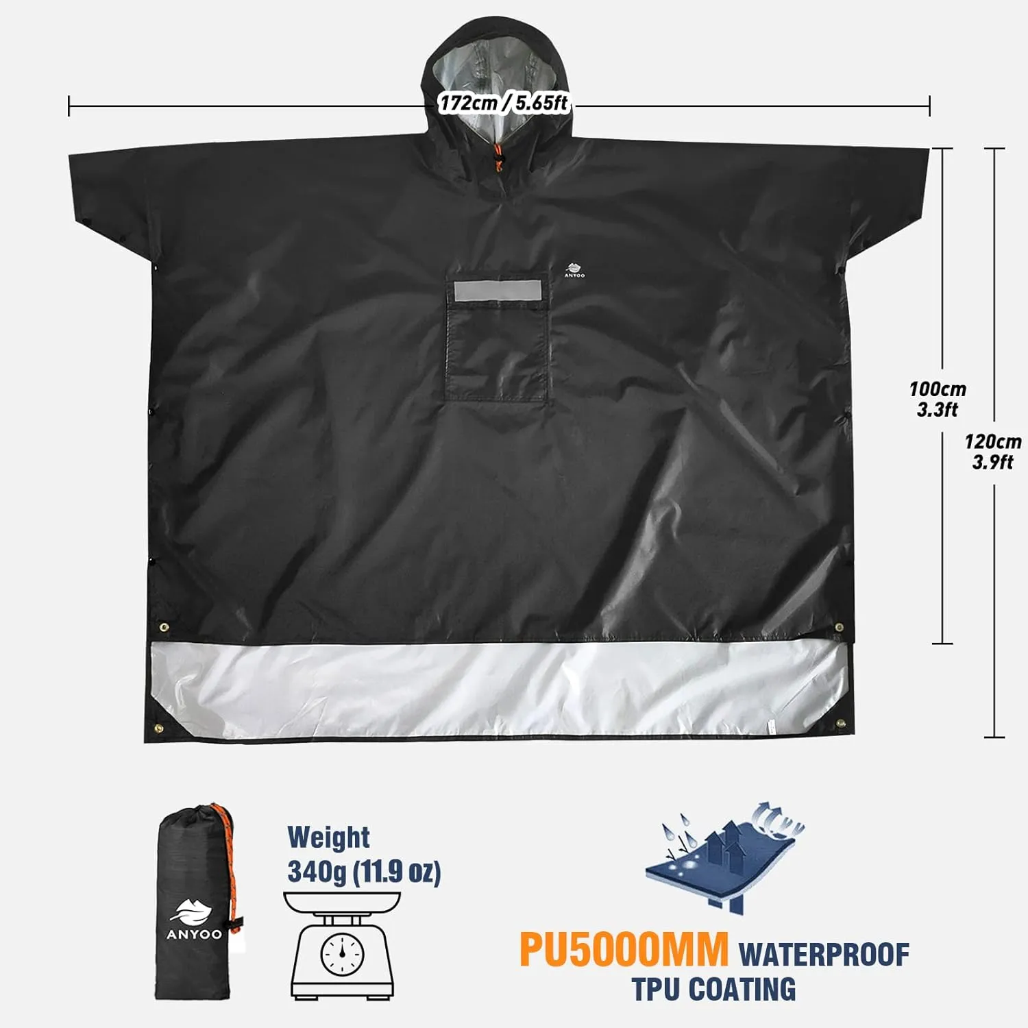 ANYOO Hooded Rain Poncho for Adults Waterproof Lightweight Rain Coat for Men Women Reusable Rain Jacket for Emergency Outdoor