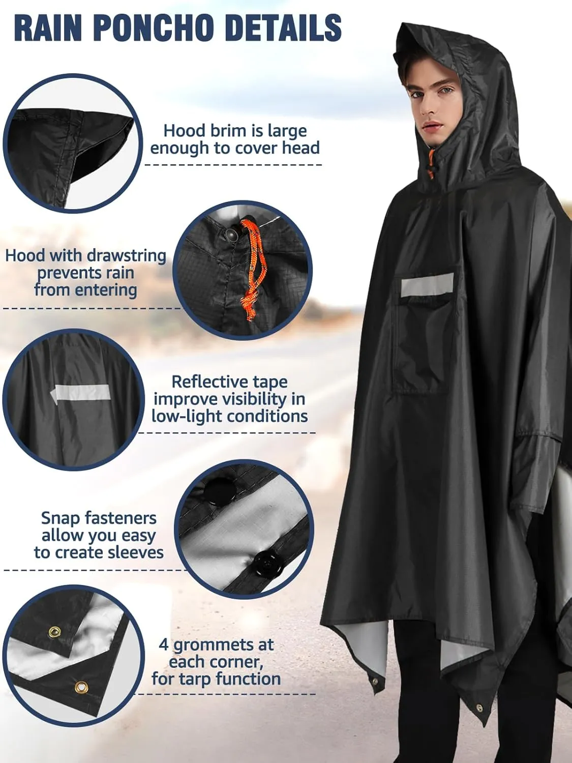 ANYOO Hooded Rain Poncho for Adults Waterproof Lightweight Rain Coat for Men Women Reusable Rain Jacket for Emergency Outdoor