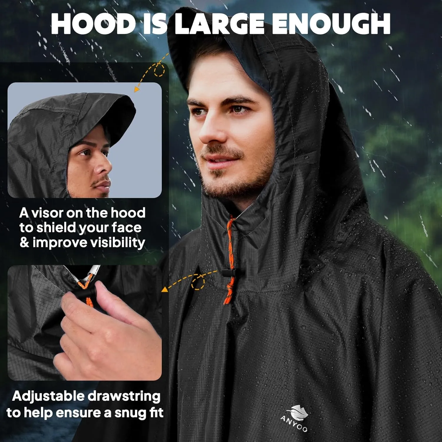 ANYOO Hooded Rain Poncho for Adults Waterproof Lightweight Rain Coat for Men Women Reusable Rain Jacket for Emergency Outdoor