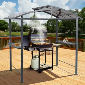 Aoodor 8 x 5 ft. BBQ Grill Gazebo Shelter, Dark Gray Steel Frame and Brown Double-Tier Polycarbonate Top Canopy, with Side Shelves, for Outdoor, Patio, Backyard